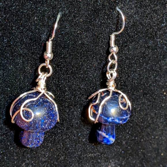 Black Agate And Blue Goldstone Mushroom Artisan Earrings - Picture 2 of 6